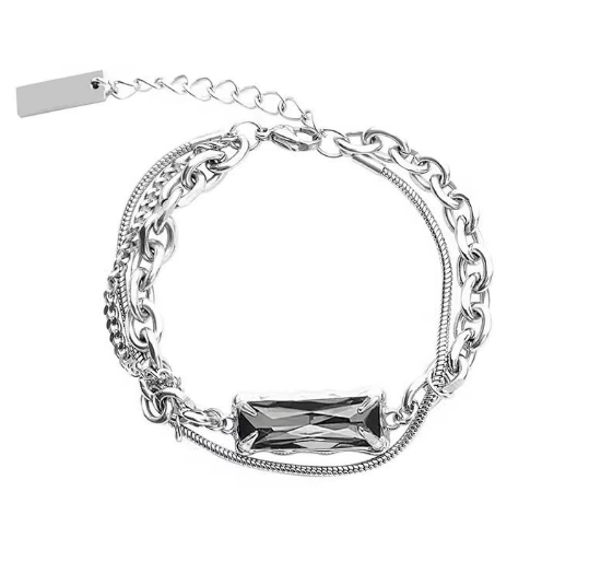 Minimalist Layered Chain Bracelet with Rectangular Crystal – Adjustable Silver Bracelet – Elegant Everyday Jewelry for Women