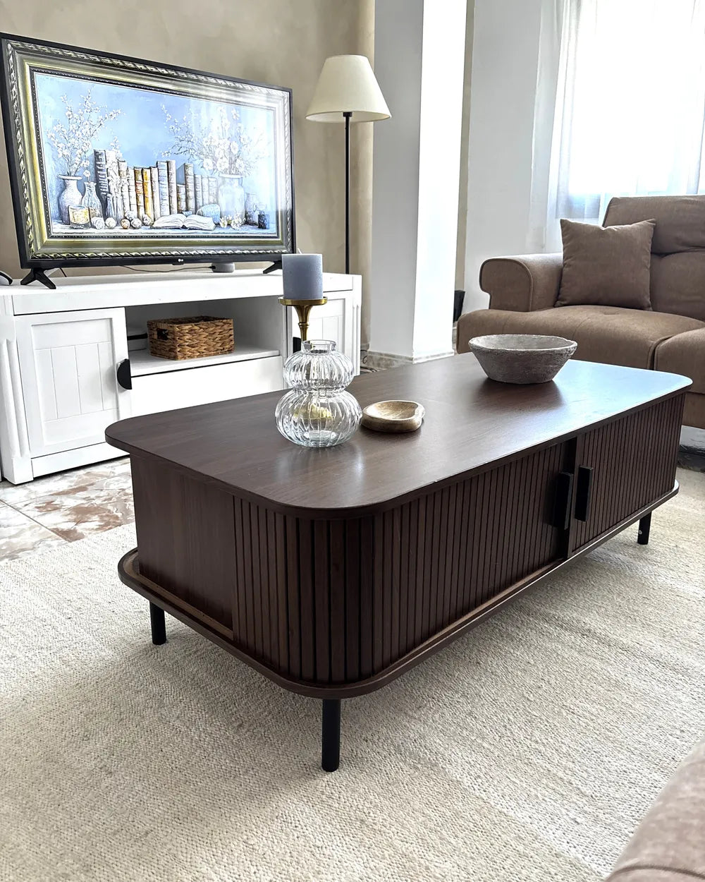 BRADLEY Dark Brown Coffee Table with Sliding Doors, MDF Wood, Rectangular Storage Table 120×60×41 cm