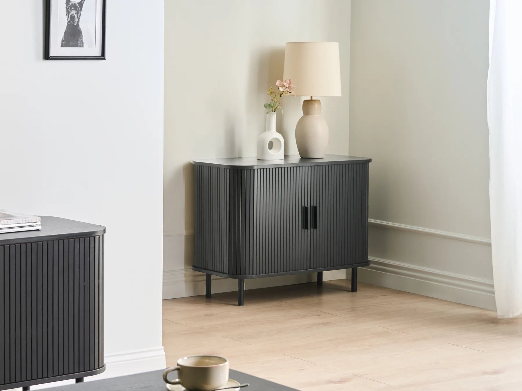 Retro Sliding Door Cabinet BRADLEY – Black Wooden Sideboard with Storage