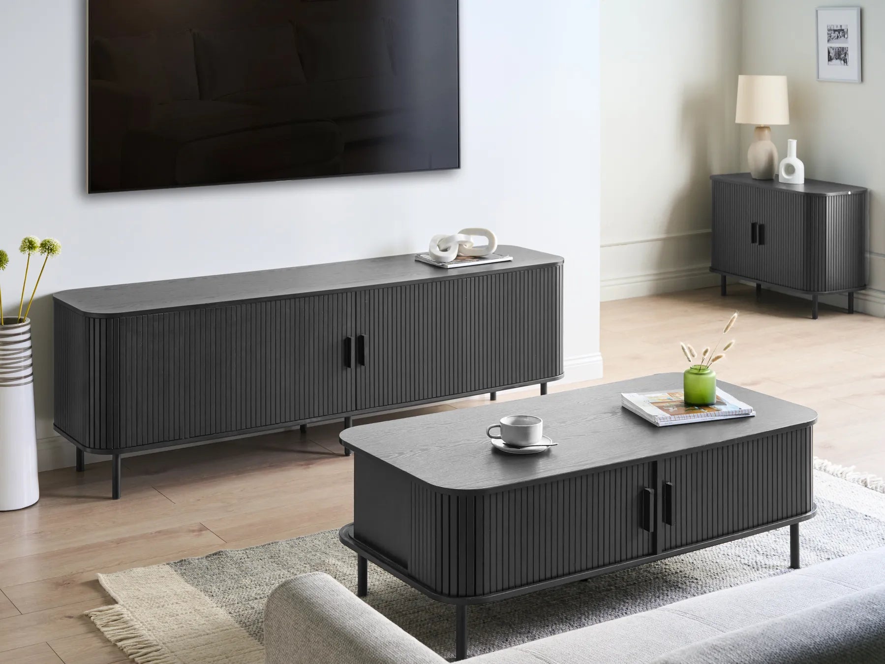 TV Stand BRADLEY Black – Retro Sliding Door TV Cabinet with Cable Management, 180 cm, for TVs up to 54"