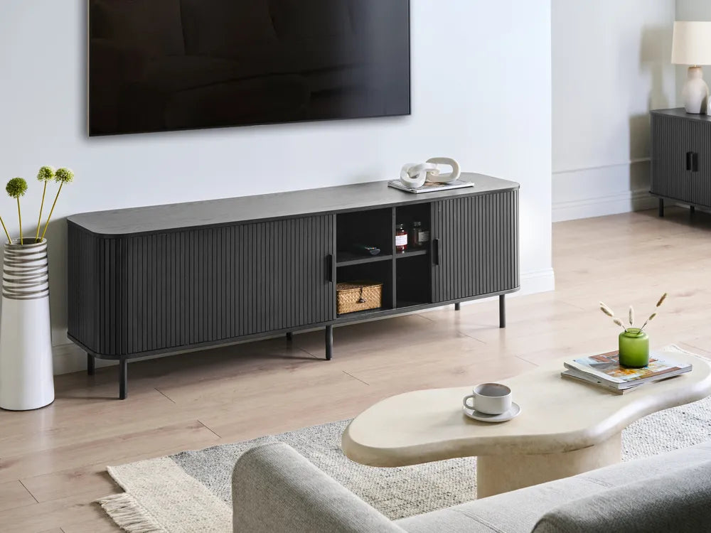 TV Stand BRADLEY Black – Retro Sliding Door TV Cabinet with Cable Management, 180 cm, for TVs up to 54"