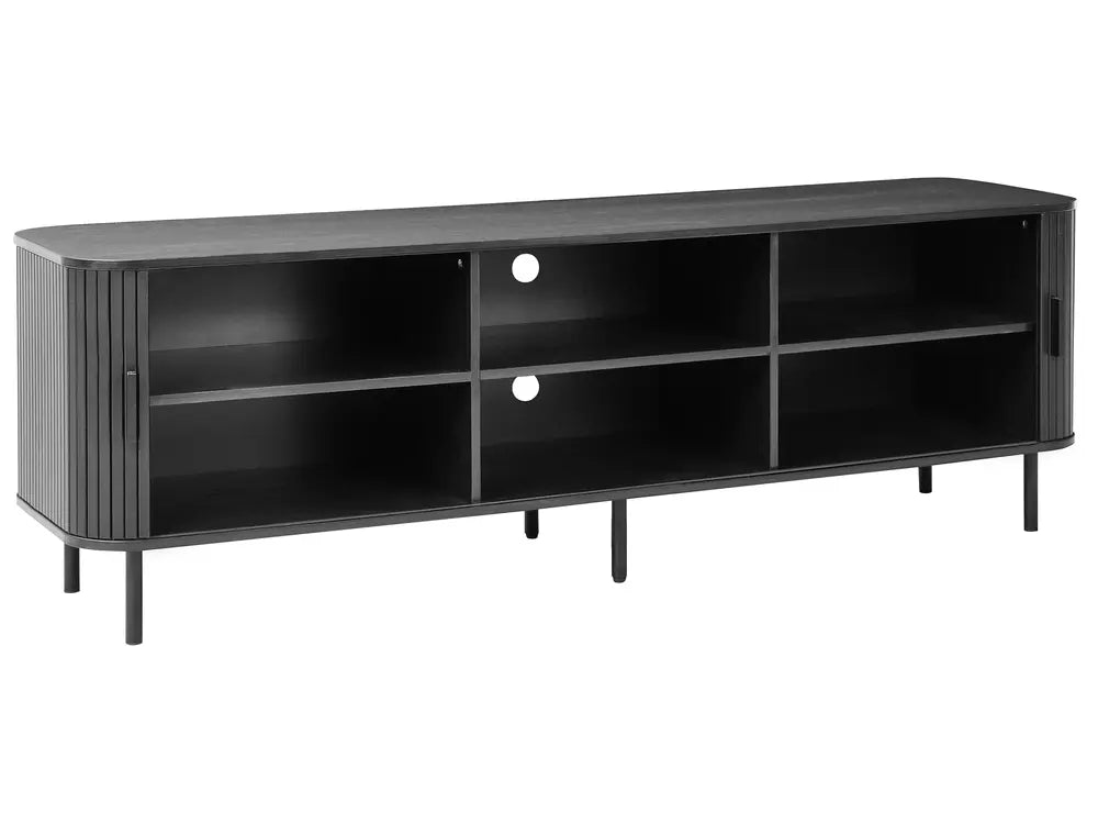 TV Stand BRADLEY Black – Retro Sliding Door TV Cabinet with Cable Management, 180 cm, for TVs up to 54"