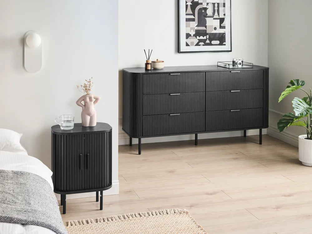 6 Drawer Chest BRADLEY Black – Retro Storage Cabinet with Fluted Fronts