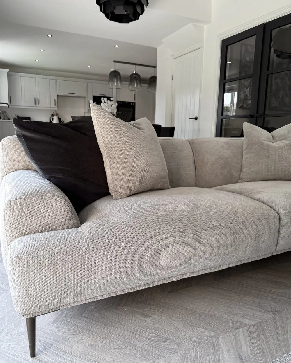 Sofa 3 Seater MATILA Fabric Light Grey – Thickly Padded Couch with Cushions, Modern 3-Seat Fabric Sofa, 233 cm