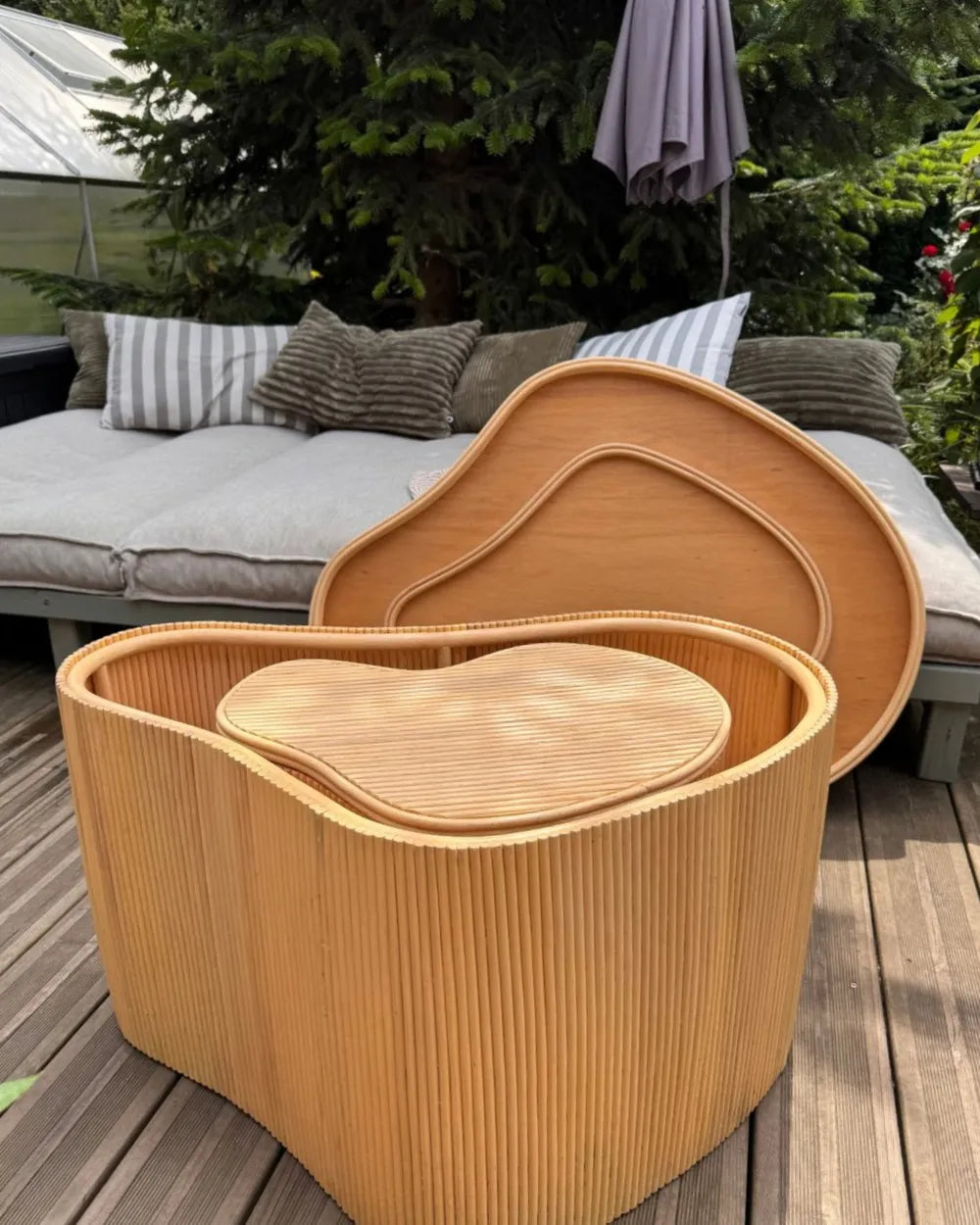 SALANTI Set of 2 Coffee Tables, Natural Rattan Storage Nesting Tables, Irregular Shape, 100×72×45 cm & 50×37×38 cm