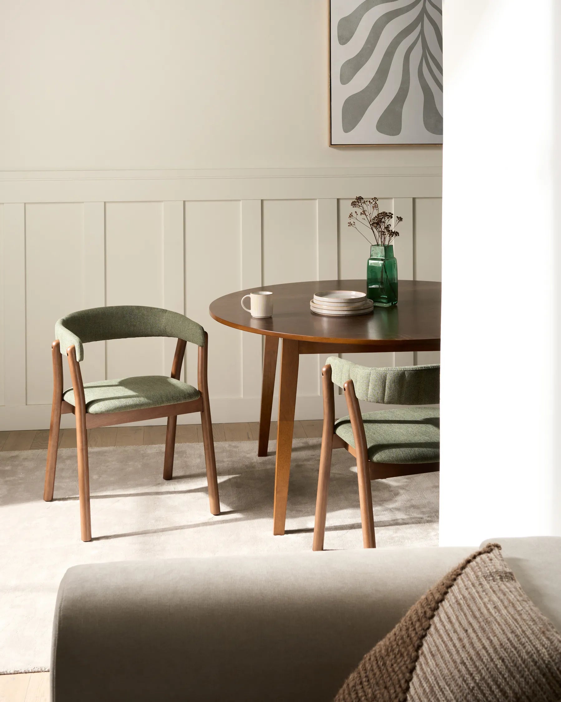 Set of 2 Dining Chairs MYLO Fabric Dark Brown & Green – Wooden Frame, Curved Backrest