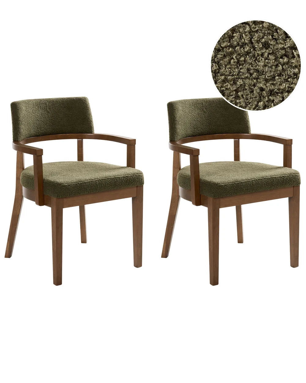 Set of 2 Dining Chairs DALBO Boucle Dark Brown / Green with Armrests