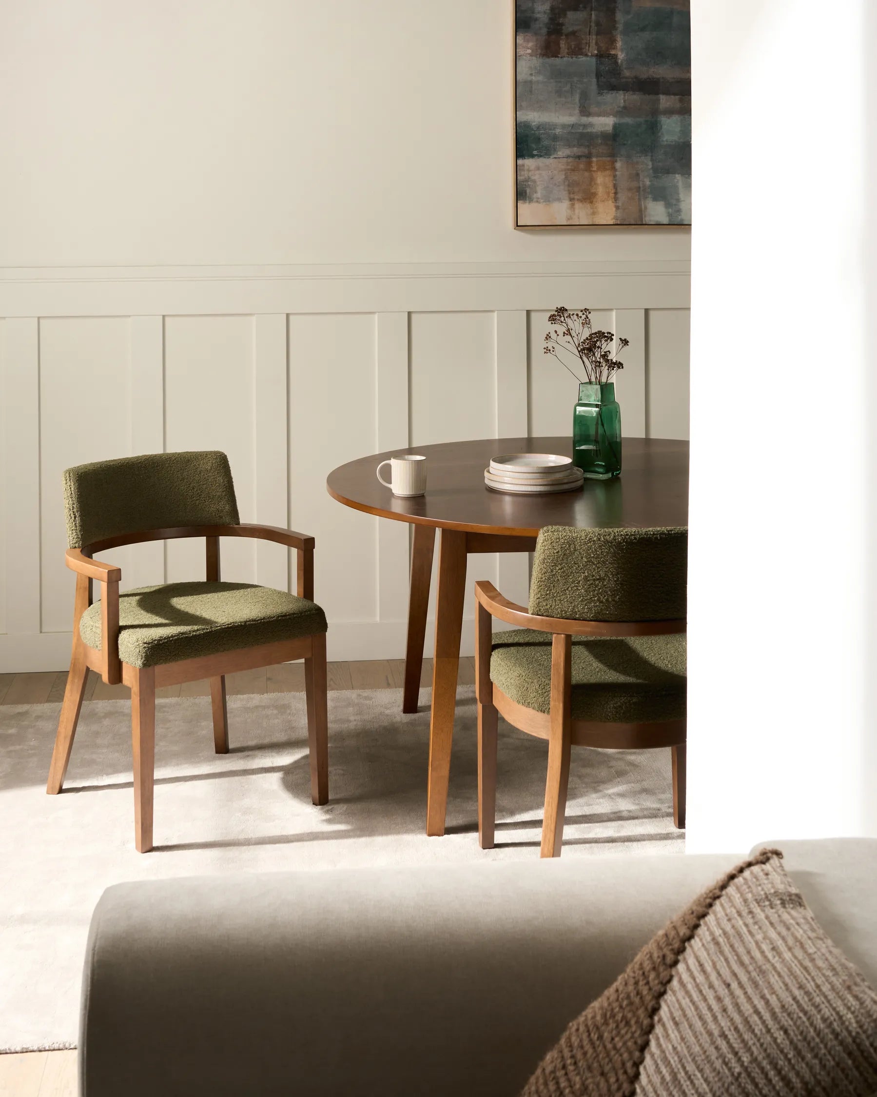 Set of 2 Dining Chairs DALBO Boucle Dark Brown / Green with Armrests