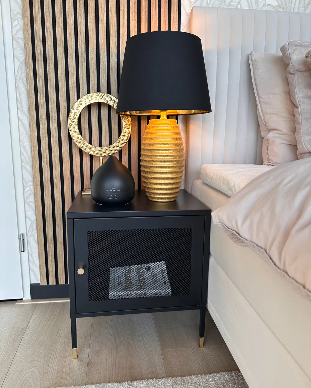 Bedside Table OSSETT Metal Black – Steel Nightstand with Metal Mesh Door, Modern Design