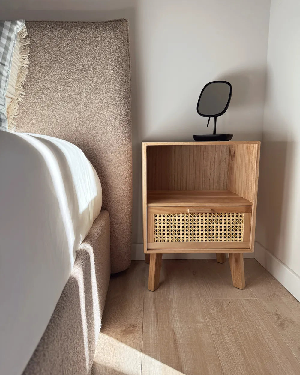 Rustic bedside table with rattan front and shelf