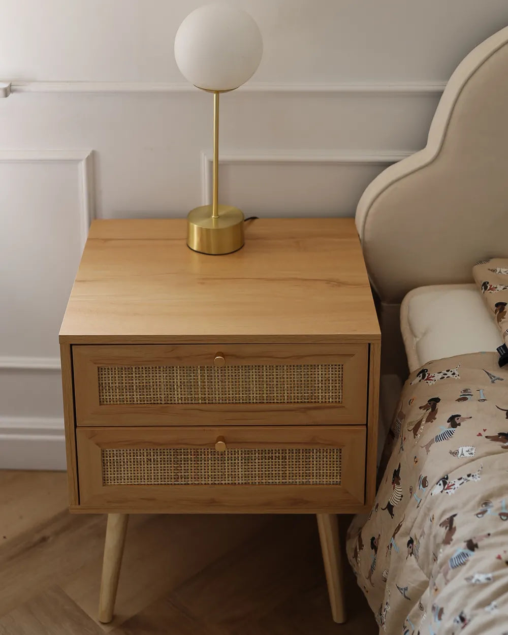 2-Drawer Bedside Table Perote with Rattan Fronts – Light Brown