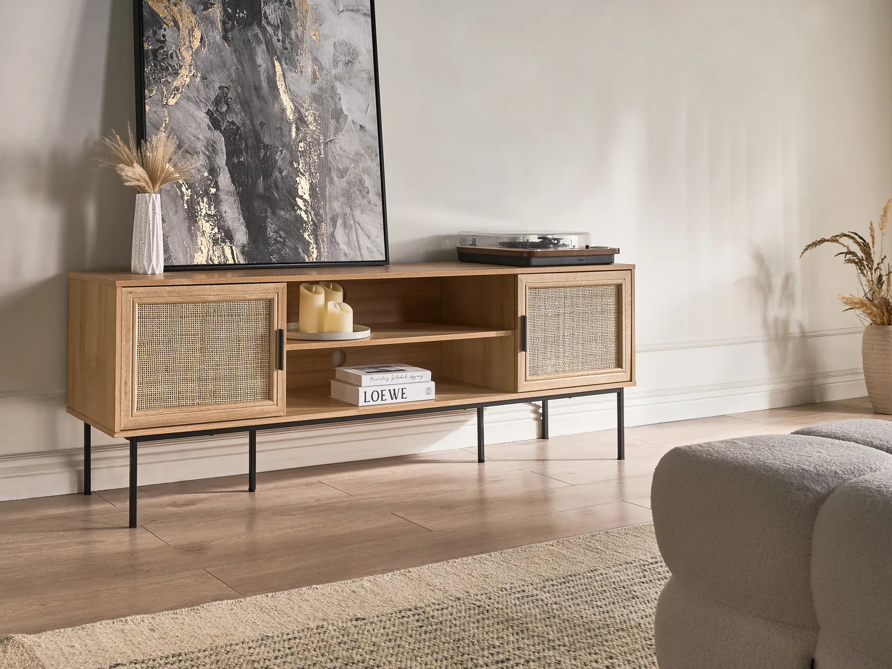 TV Stand PASCO Rattan Light Brown 180 cm – Wicker Front Cabinet for TV up to 70"