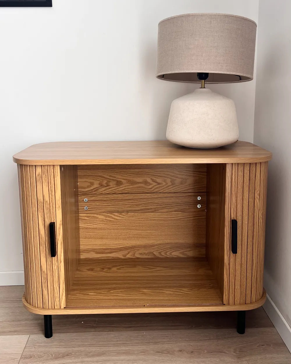 Retro Sliding Door Cabinet BRADLEY – Brown Wooden Sideboard with Storage