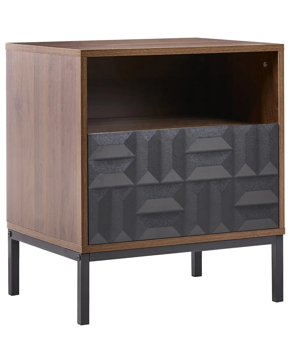 Nightstand with Geometric Pattern – 1 Drawer Bedside Table in Dark Brown