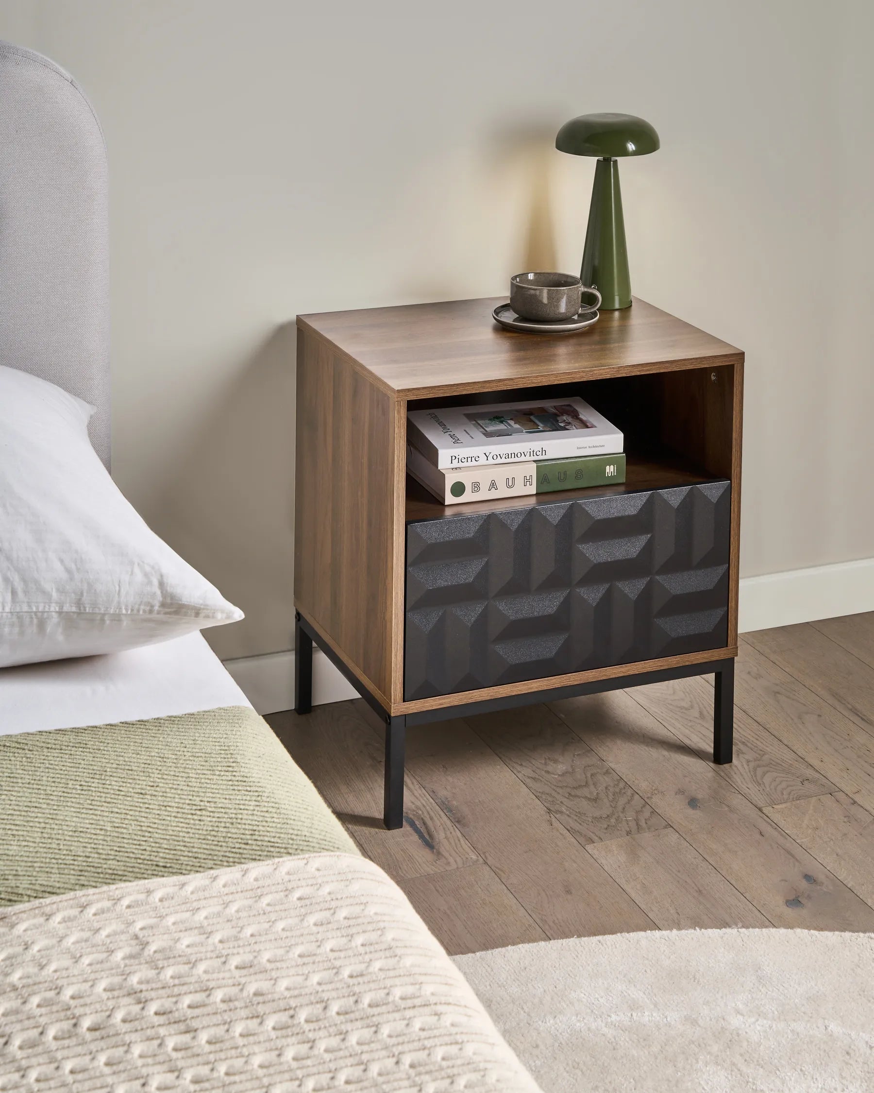 Nightstand with Geometric Pattern – 1 Drawer Bedside Table in Dark Brown