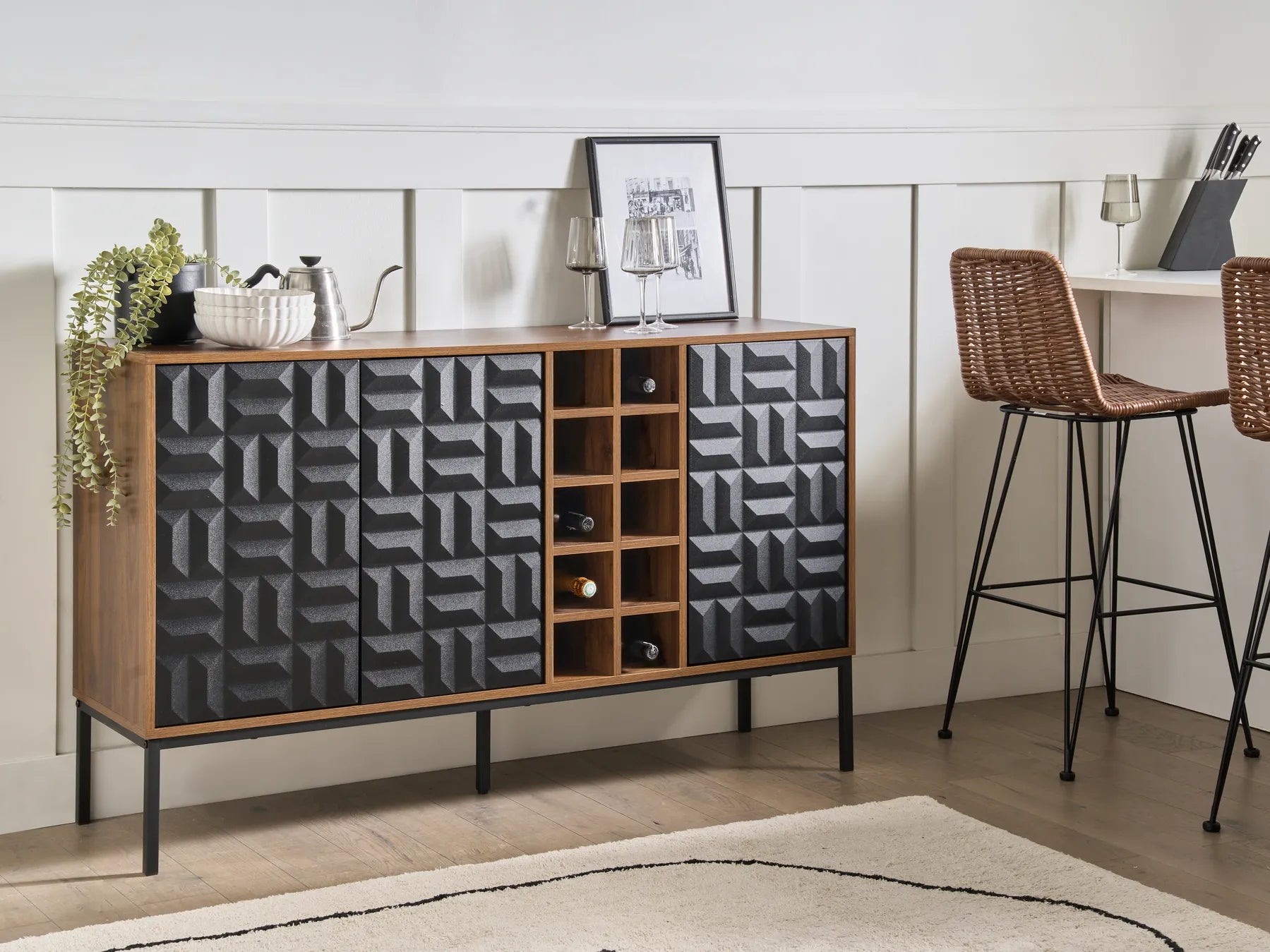 CARAQUET Dark Brown Wine Cabinet with Built-In Wine Rack, Geometric Doors, MDF & Steel Frame, 140 × 40 × 85 cm