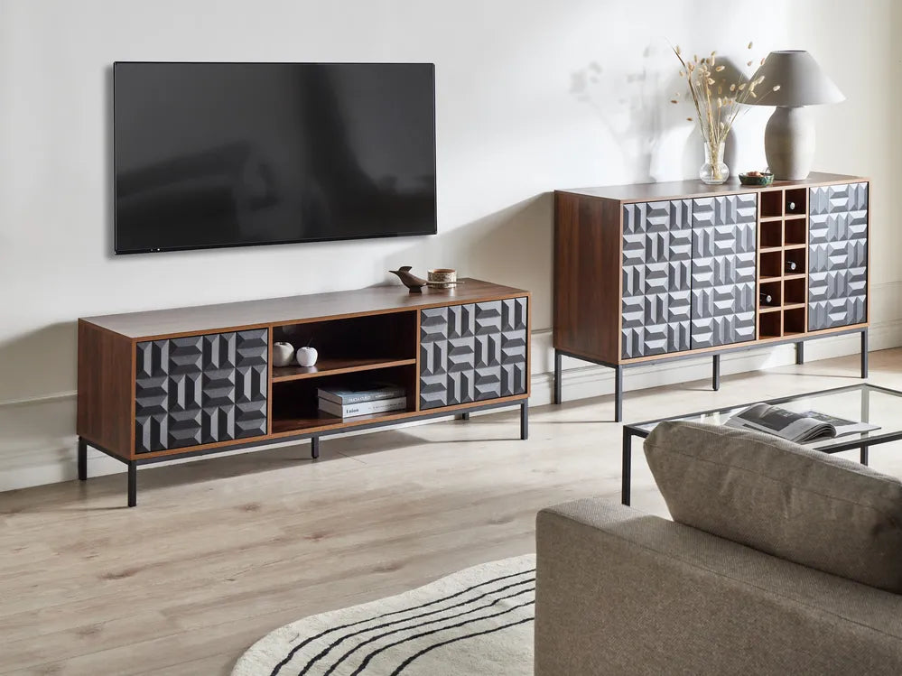 CARAQUET Dark Brown Wine Cabinet with Built-In Wine Rack, Geometric Doors, MDF & Steel Frame, 140 × 40 × 85 cm