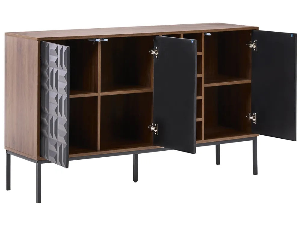 CARAQUET Dark Brown Wine Cabinet with Built-In Wine Rack, Geometric Doors, MDF & Steel Frame, 140 × 40 × 85 cm