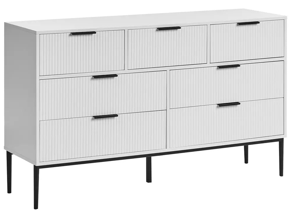 Modern LEDUC White 7-Drawer Chest with Ribbed Fronts, MDF Body and Metal Legs – Spacious Storage Sideboard for Living Room or Bedroom