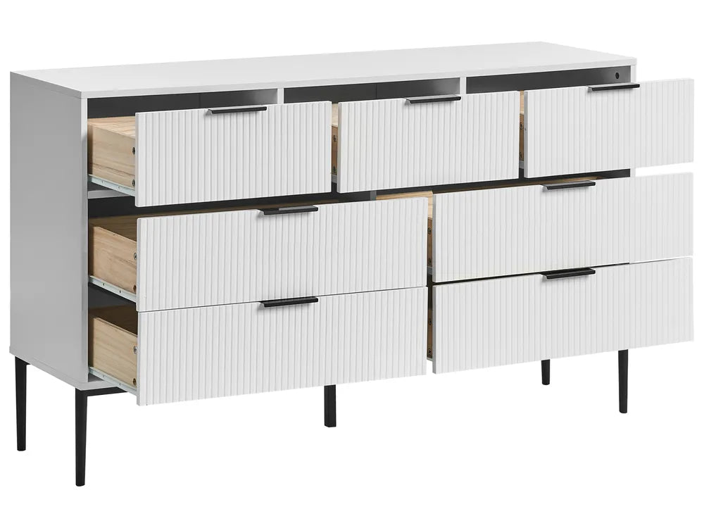 Modern LEDUC White 7-Drawer Chest with Ribbed Fronts, MDF Body and Metal Legs – Spacious Storage Sideboard for Living Room or Bedroom