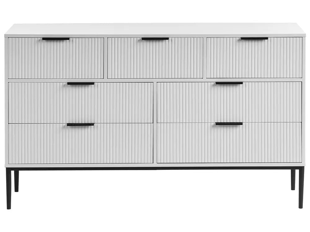 Modern LEDUC White 7-Drawer Chest with Ribbed Fronts, MDF Body and Metal Legs – Spacious Storage Sideboard for Living Room or Bedroom