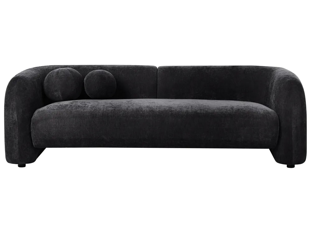 Sofa 3 Seater LEIREN Bouclé Fabric Black– Modern Curved Fabric Sofa with Cushions
