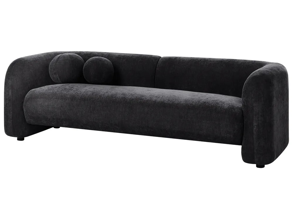 Sofa 3 Seater LEIREN Bouclé Fabric Black– Modern Curved Fabric Sofa with Cushions