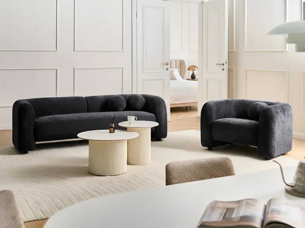 Sofa 3 Seater LEIREN Bouclé Fabric Black– Modern Curved Fabric Sofa with Cushions