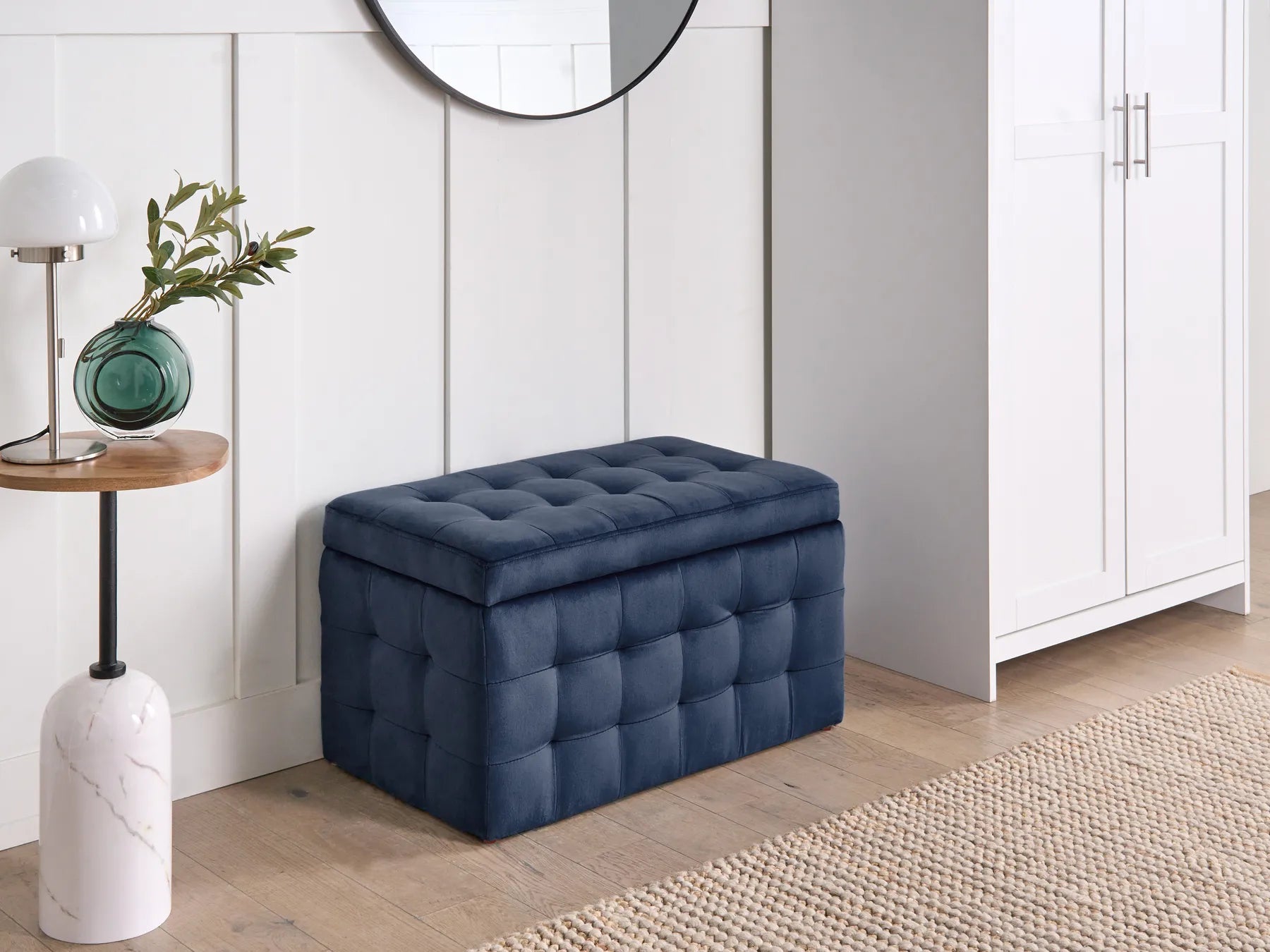 Storage Ottoman MICHIGAN Velvet – Tufted Upholstered Storage Bench with Hinged Lid, Multiple Colours