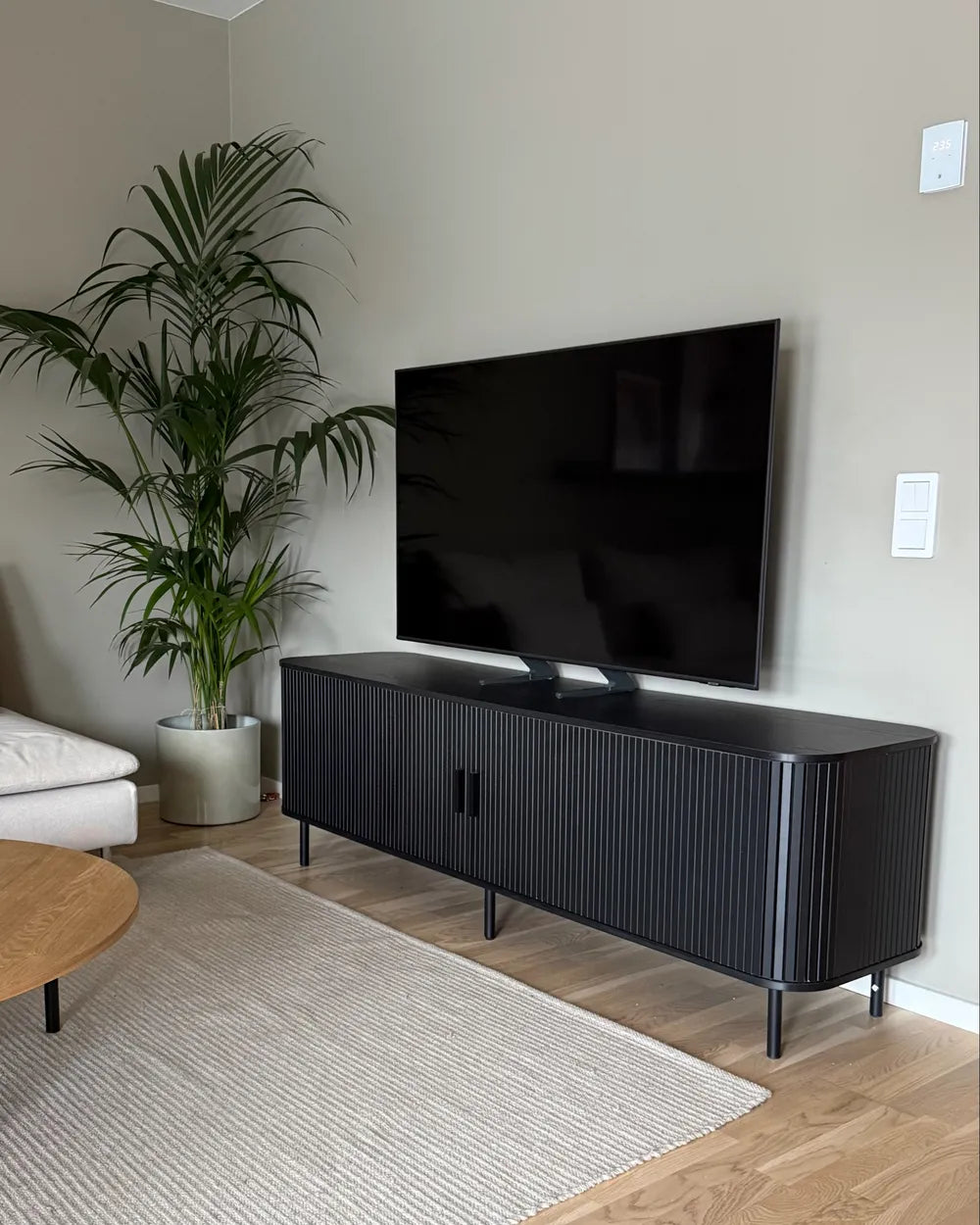 TV Stand BRADLEY Black – Retro Sliding Door TV Cabinet with Cable Management, 180 cm, for TVs up to 54"