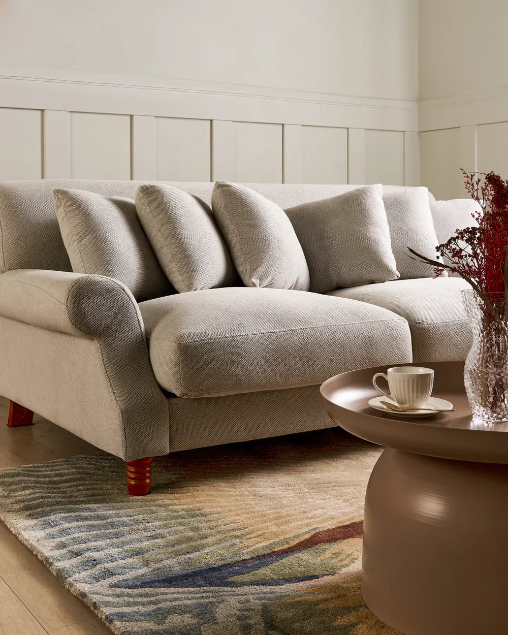 Sofa 3 Seater EIKE Fabric Off-White – Vintage Fabric Sofa with Rolled Arms, Water-Repellent Upholstery and Wooden Legs
