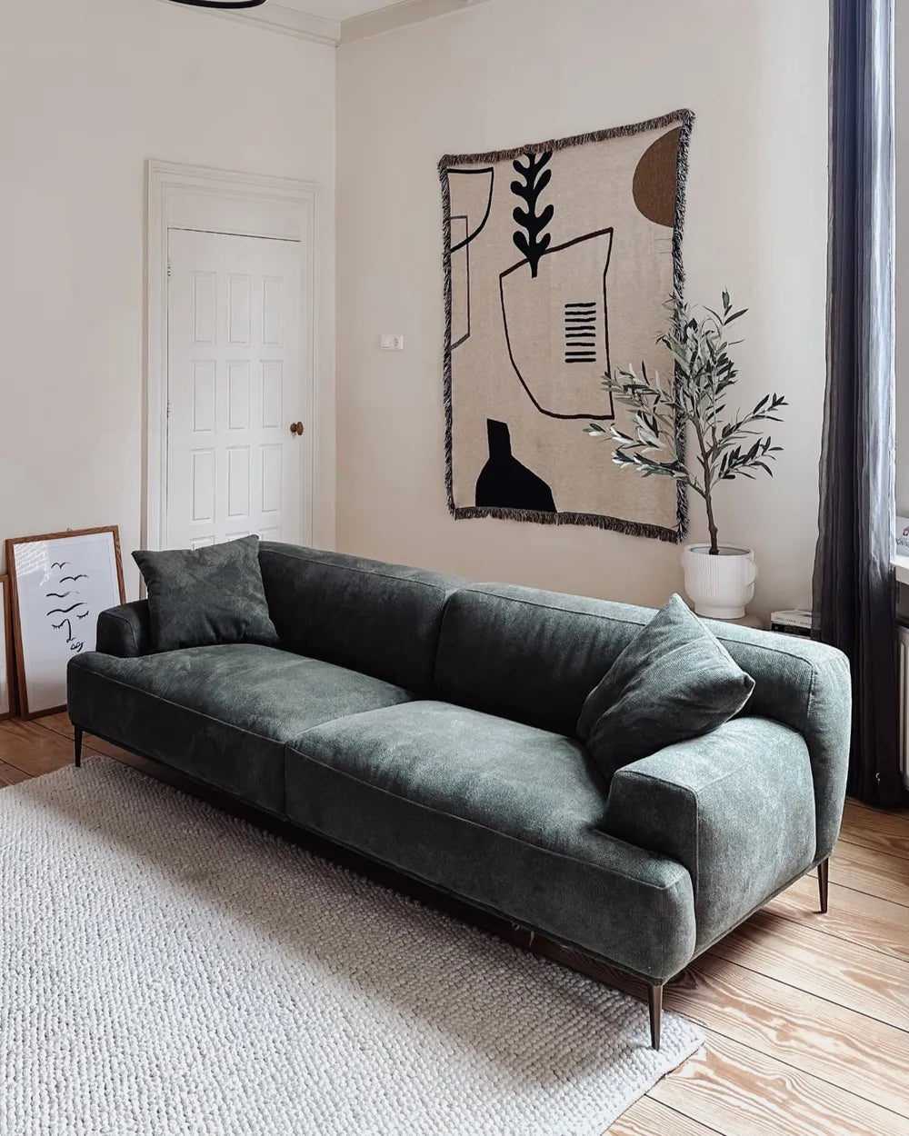 Sofa 3 Seater MATILA Fabric Fabric Green – Thickly Padded Couch with Cushions, Modern 3-Seat Fabric Sofa, 233 cm