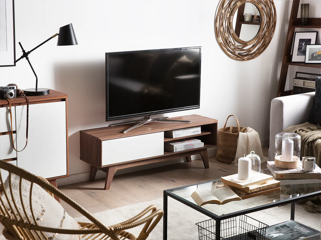 Mid-Century Modern TV Stand BUFFALO Brown & White – Sliding Door Media Unit for TVs up to 55", MDF, Cable Management
