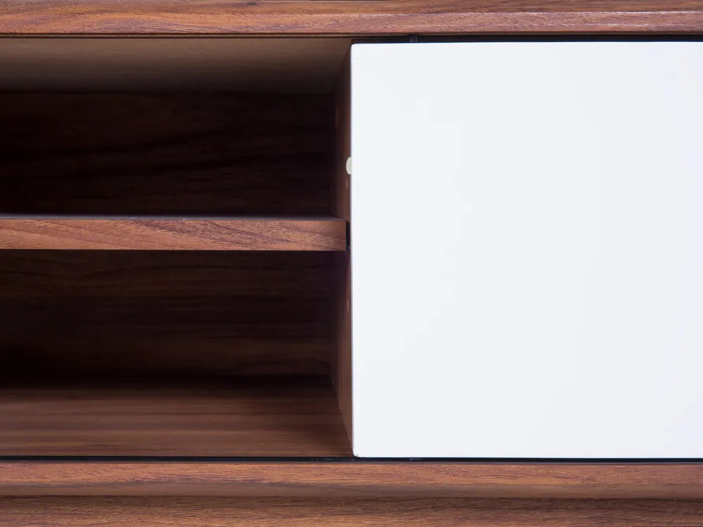 Mid-Century Modern TV Stand BUFFALO Brown & White – Sliding Door Media Unit for TVs up to 55", MDF, Cable Management