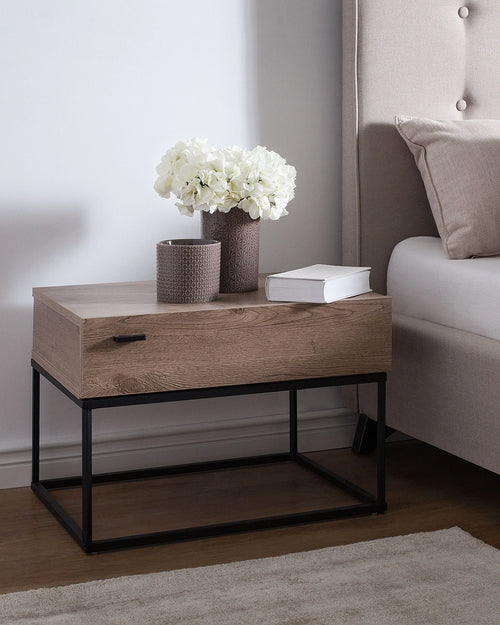 1 Drawer Industrial Bedside Table CAIRO – Light Brown, Concrete Effect, Metal Frame