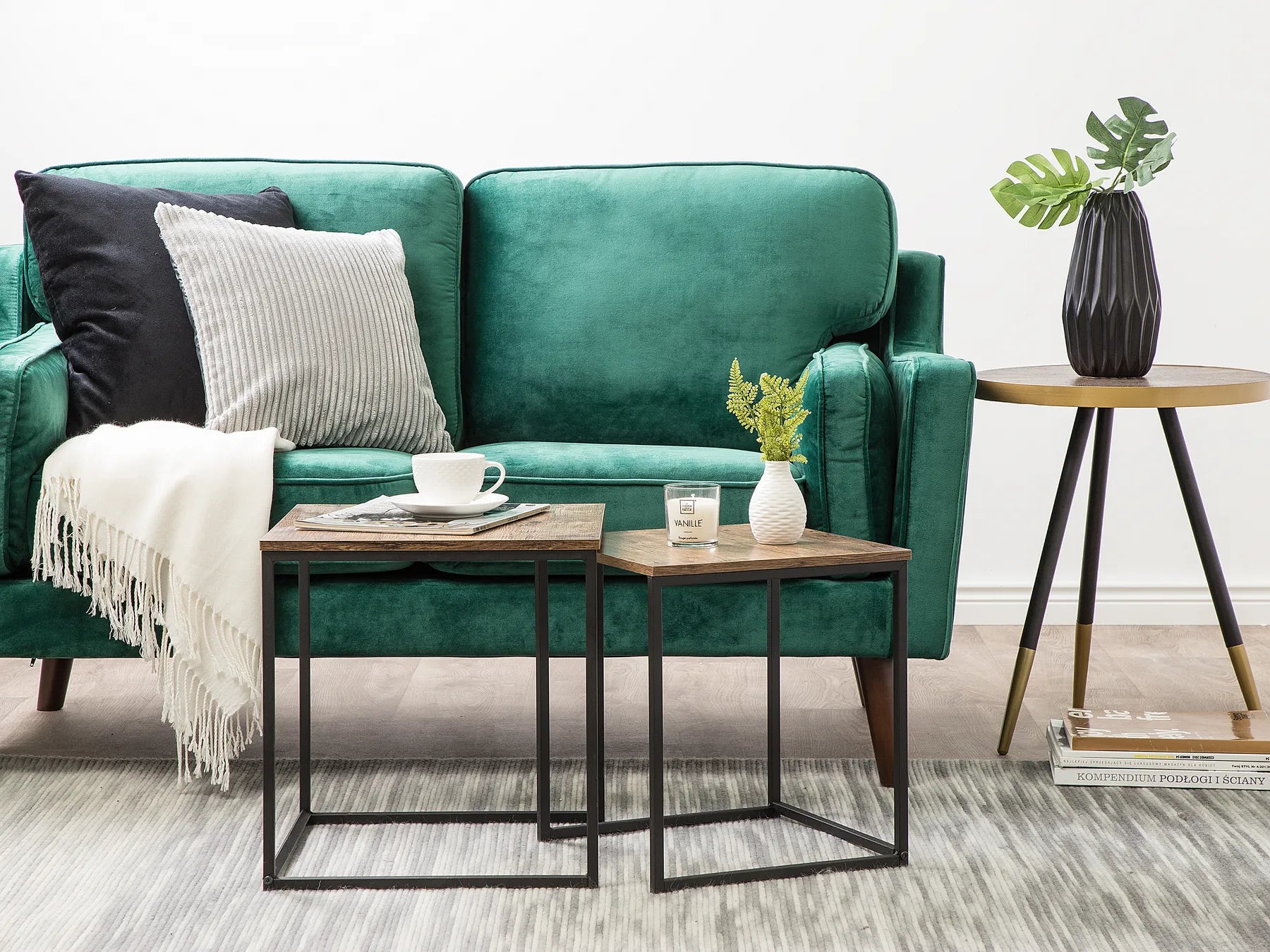 DENNY Set of 2 Side Tables, Square MDF Tables with Metal Frame, Dark Brown, 40×40×42 cm & 35×35×39 cm