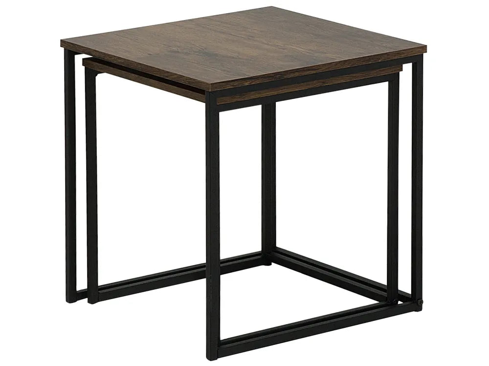DENNY Set of 2 Side Tables, Square MDF Tables with Metal Frame, Dark Brown, 40×40×42 cm & 35×35×39 cm