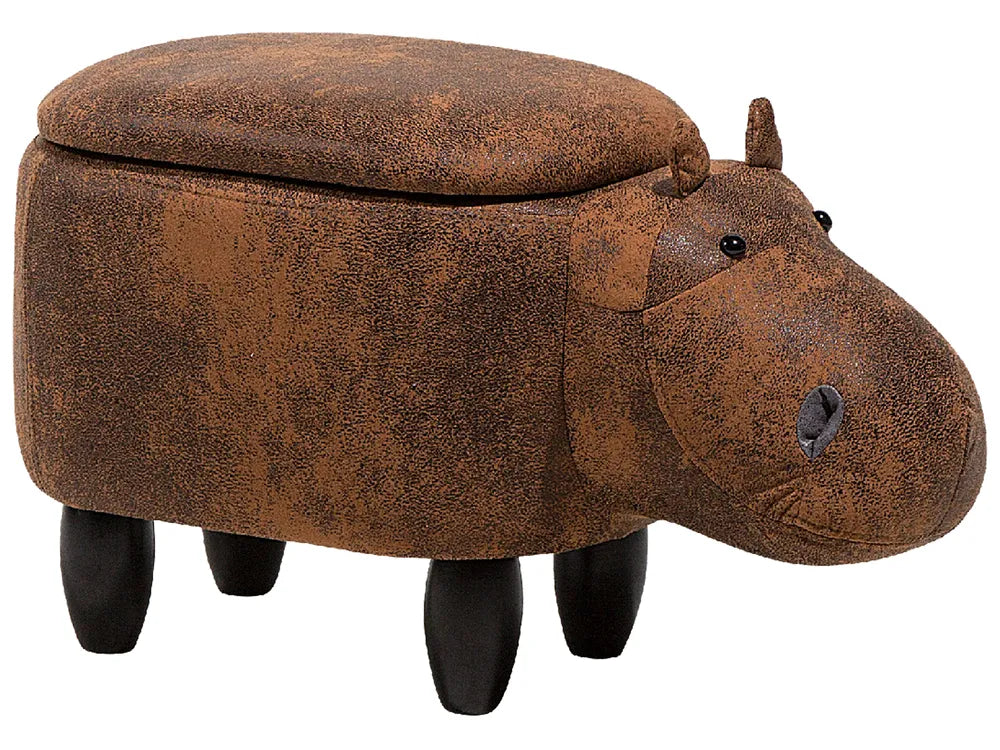 Storage Animal Stool HIPPO with Hidden Storage, Faux Leather Upholstery, Lightweight Kids Footstool, Dark Brown