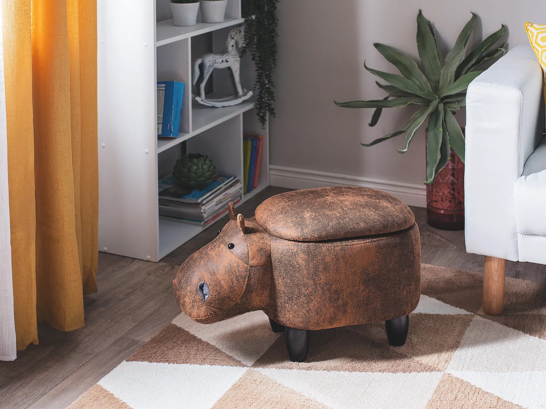 Storage Animal Stool HIPPO with Hidden Storage, Faux Leather Upholstery, Lightweight Kids Footstool, Dark Brown