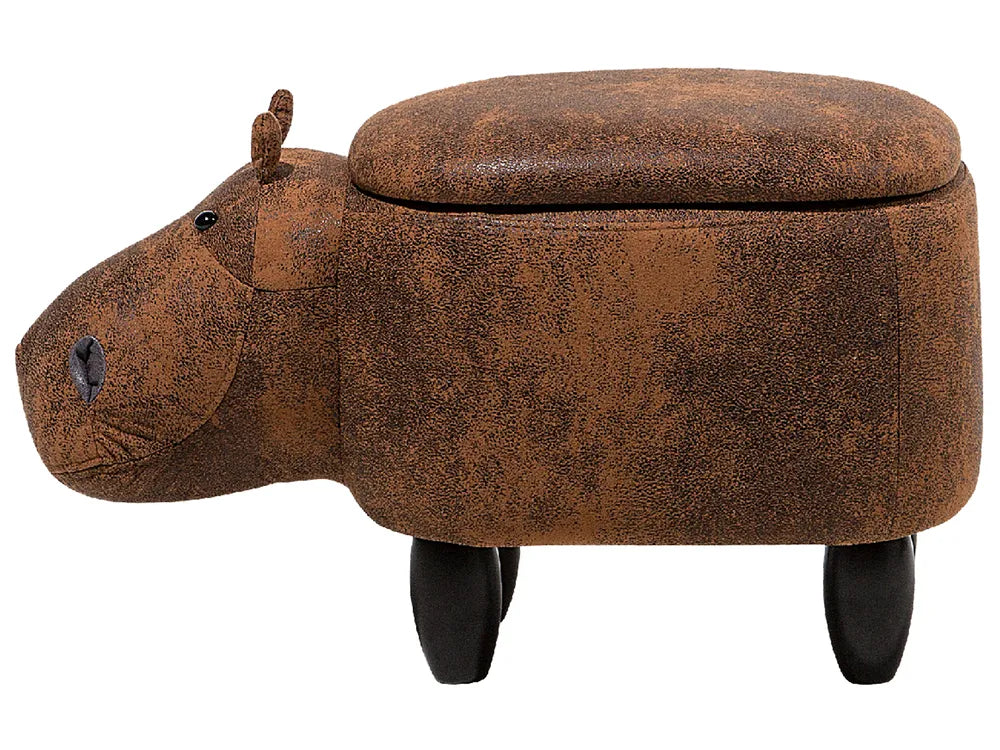 Storage Animal Stool HIPPO with Hidden Storage, Faux Leather Upholstery, Lightweight Kids Footstool, Dark Brown