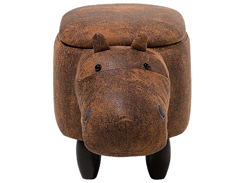 Storage Animal Stool HIPPO with Hidden Storage, Faux Leather Upholstery, Lightweight Kids Footstool, Dark Brown