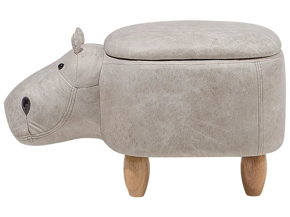 Storage Animal Stool HIPPO with Hidden Storage, Faux Leather Upholstery, Lightweight Kids Footstool, Light Grey