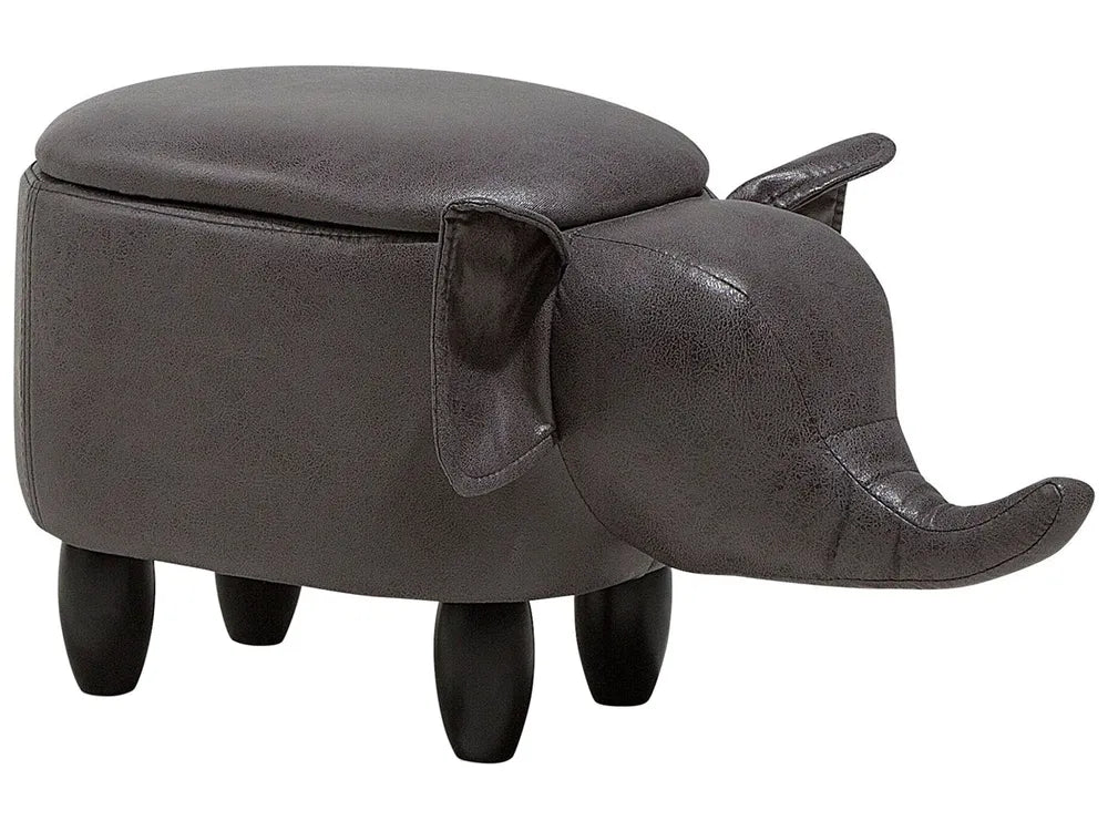 Storage Animal Stool ELEPHANT – Faux Leather Upholstered Kids Stool with Hidden Storage, Dark Grey