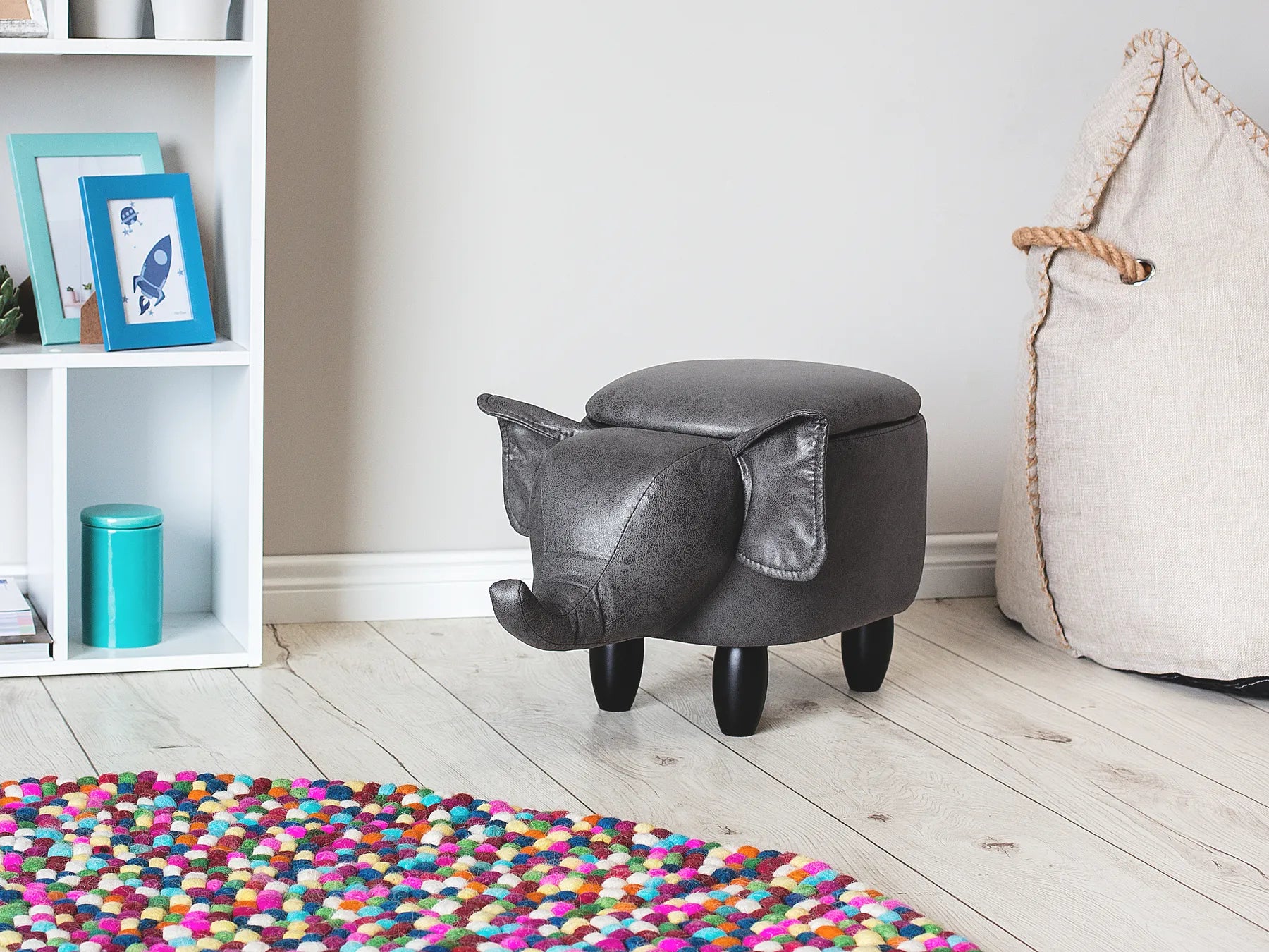 Storage Animal Stool ELEPHANT – Faux Leather Upholstered Kids Stool with Hidden Storage, Dark Grey