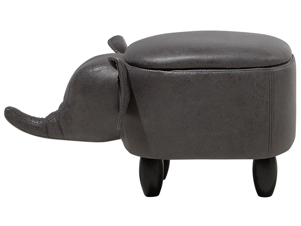 Storage Animal Stool ELEPHANT – Faux Leather Upholstered Kids Stool with Hidden Storage, Dark Grey