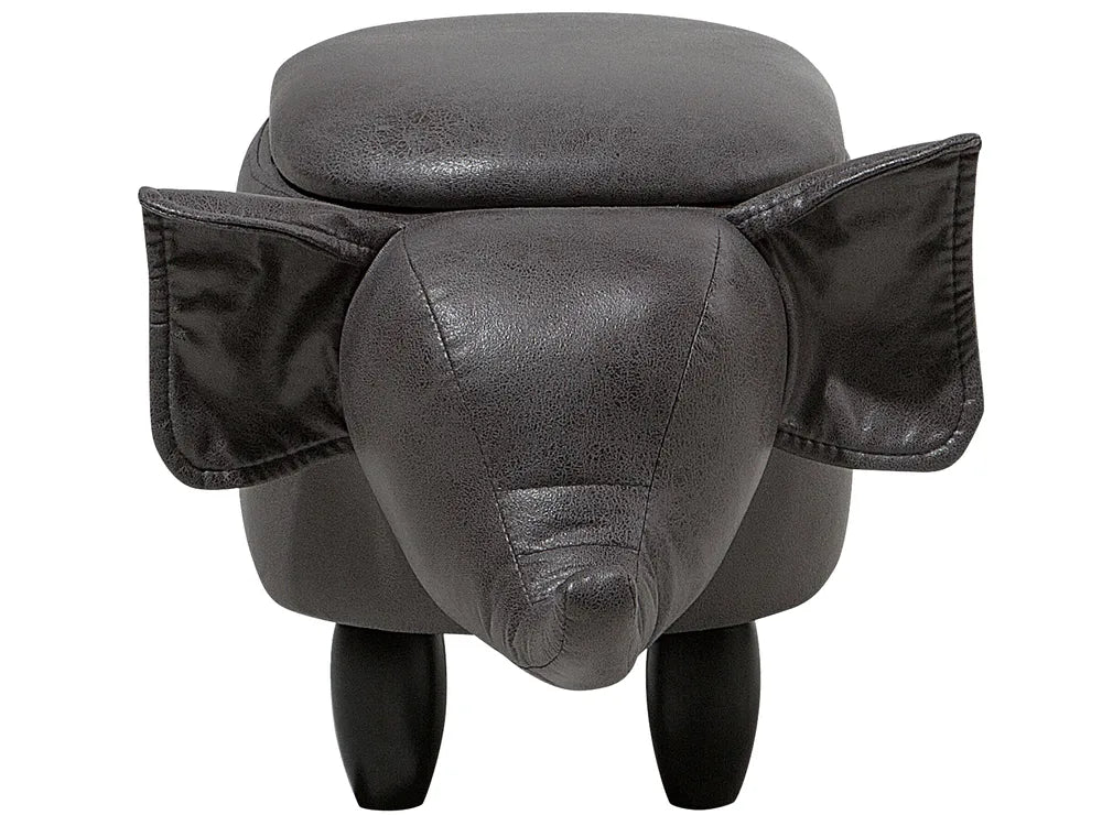 Storage Animal Stool ELEPHANT – Faux Leather Upholstered Kids Stool with Hidden Storage, Dark Grey