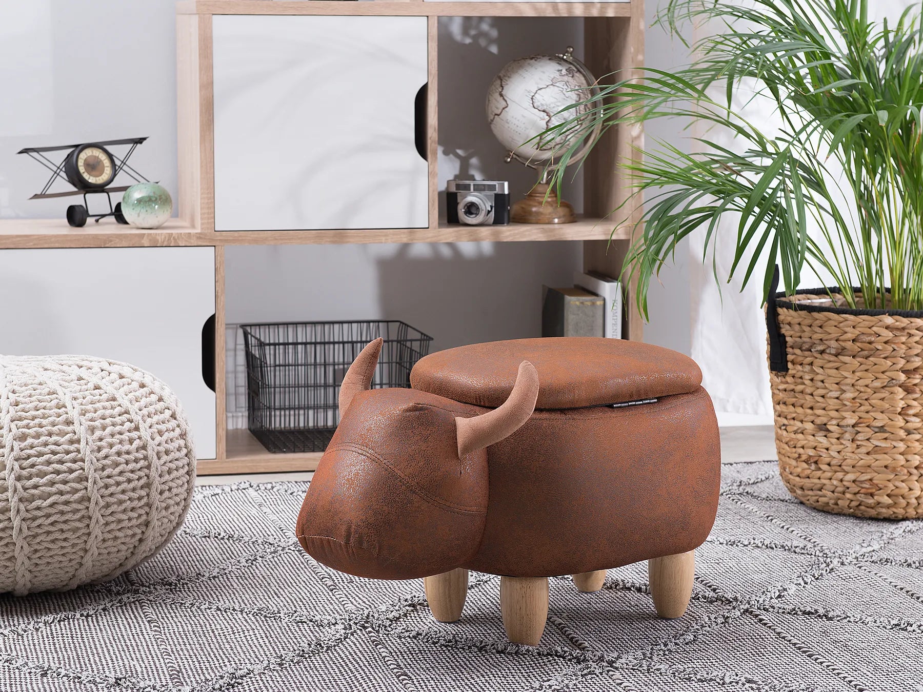 Storage Animal Stool COW Fabric Brown
