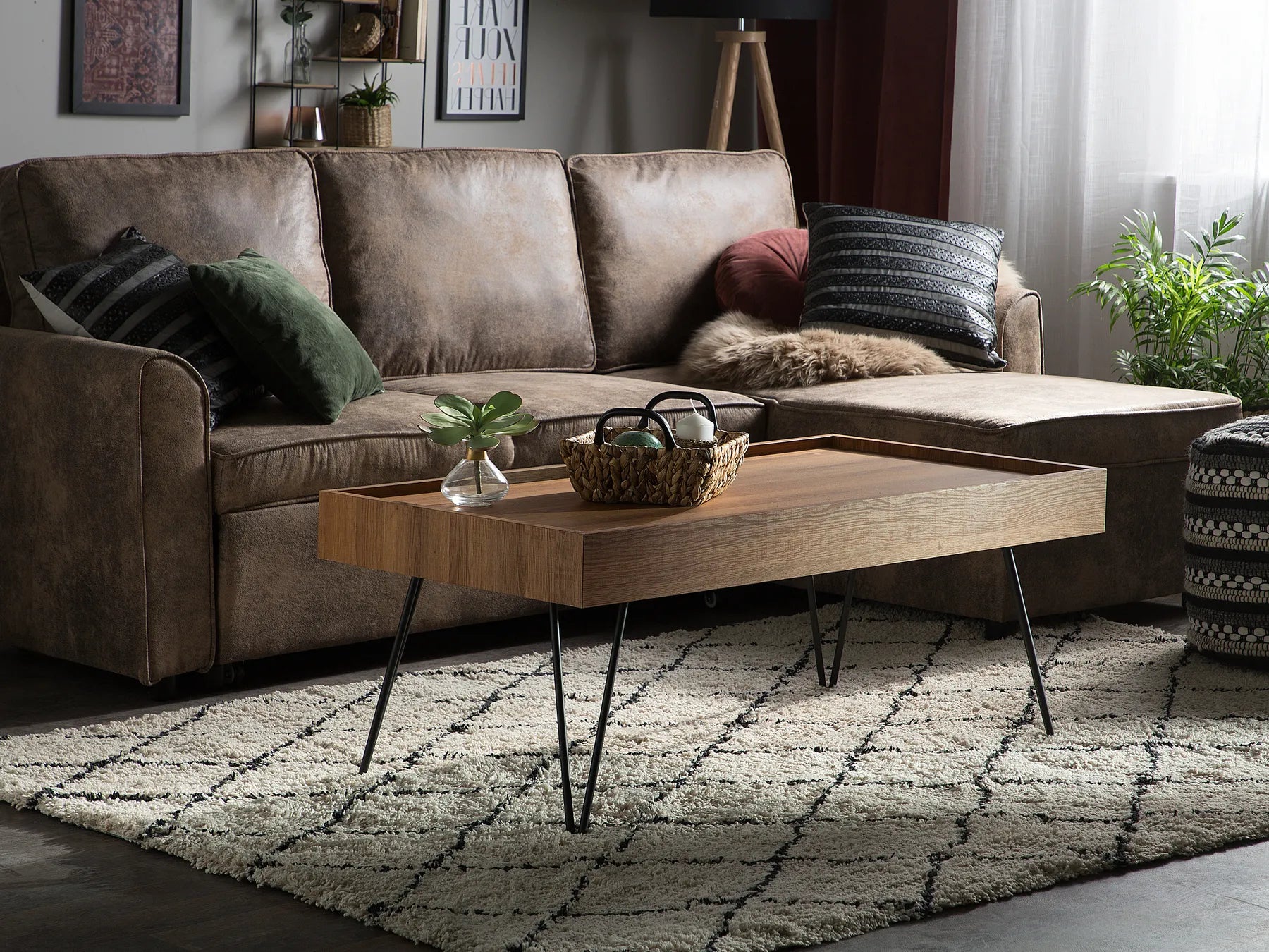 WELTON Dark Brown Coffee Table, Rectangular MDF Table with Metal Hairpin Legs, 100×60×43 cm