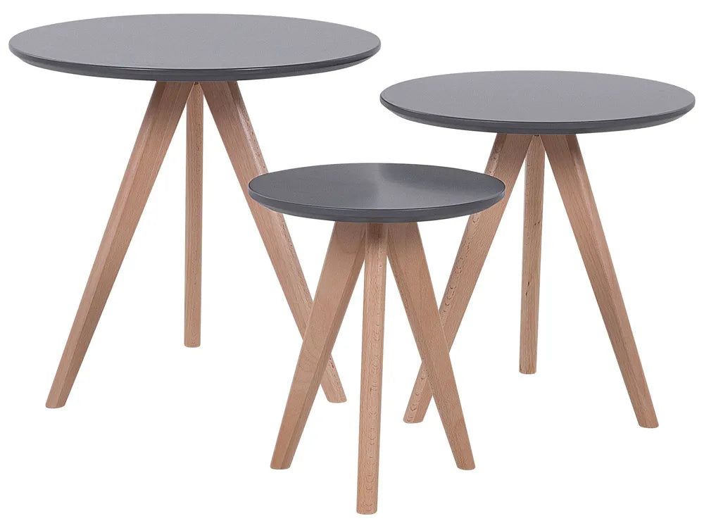 VEGAS Set of 3 Coffee Tables, Round MDF Tables with Beechwood Legs, Grey, 48×48×46 cm / 40×40×41 cm / 30×30×36 cm