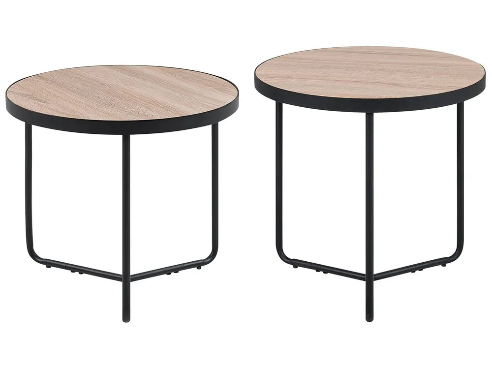 MELODY Set of 2 Coffee Tables, Round MDF Tables with Metal Legs, Light Brown, 50×50×50 cm & 50×50×45 cm